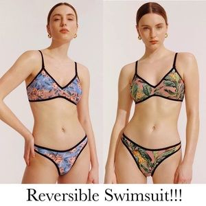 Boho Blue and Pink Floral Reversible Tropical Bikini